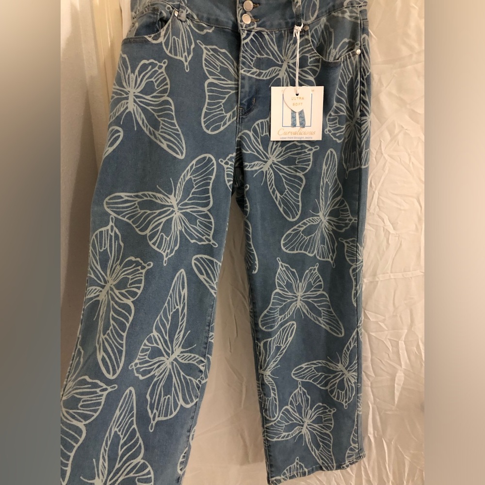 White Butterflies laser print ultra soft stretch straight fit blue jeans size 16 - Picture 4 of 10